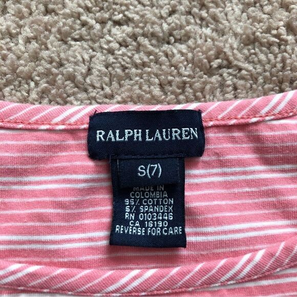 Ralph Lauren T-Shirt Girls Small Pink Stripe Lettuce Edge Cotton - Picture 3 of 6